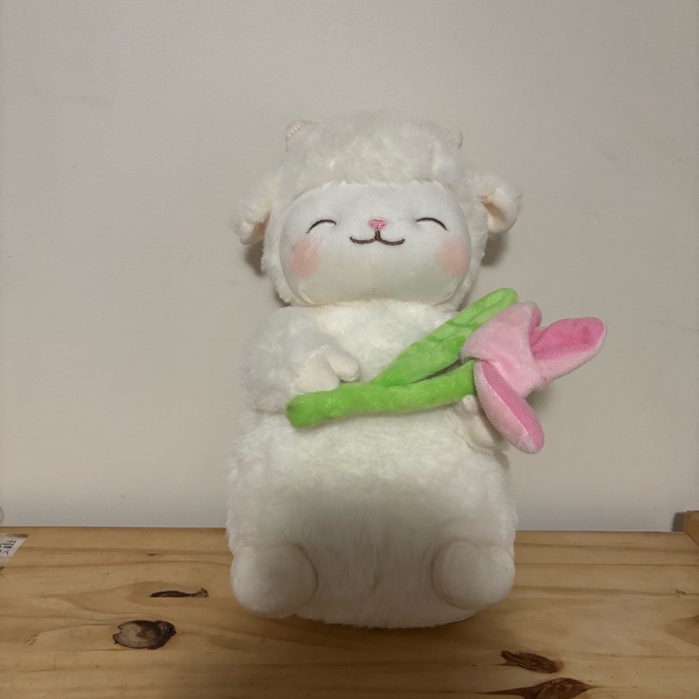 White Plush Lamb Stuffed Animal with Pink Flower - Cute Kids Toy